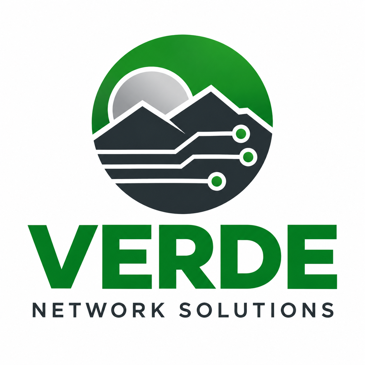 Verde Network Solutions logo: green mountains with circuit connections